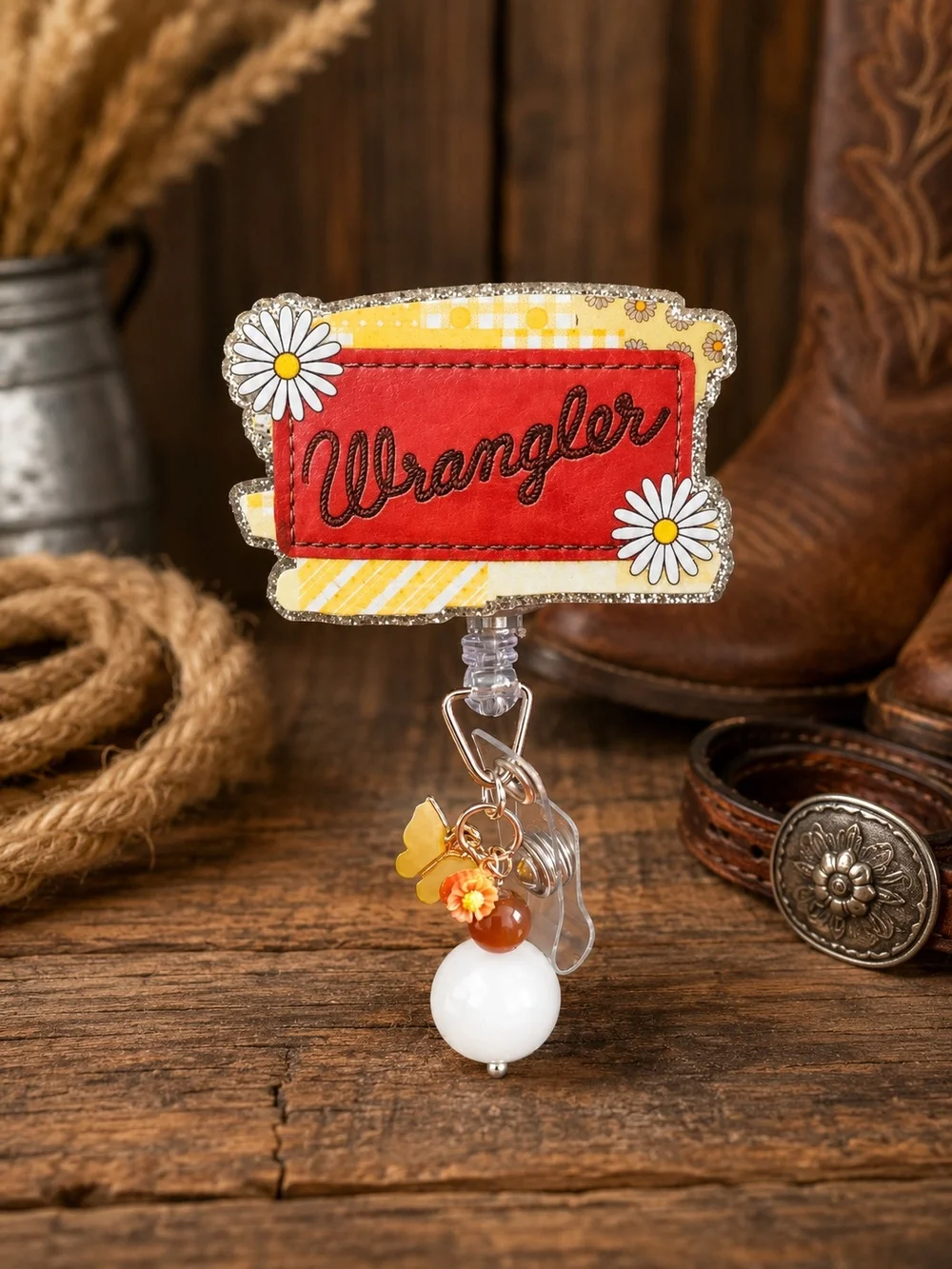 Rockin' 3 Leather, Handmade Wrangler Beaded Pen & Badge Reel Gift Set of 2